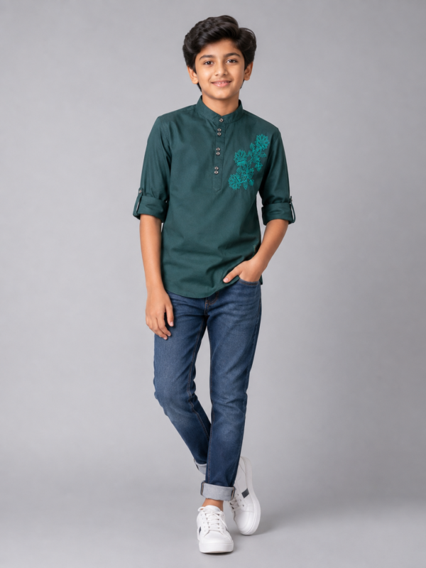 Boys' Dark Teal Floral Embroidered Cotton Kurta Shirt - Image 4