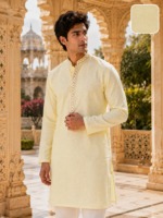 Sun-Kissed Pastel Yellow Embroidered Cotton Kurta for Men