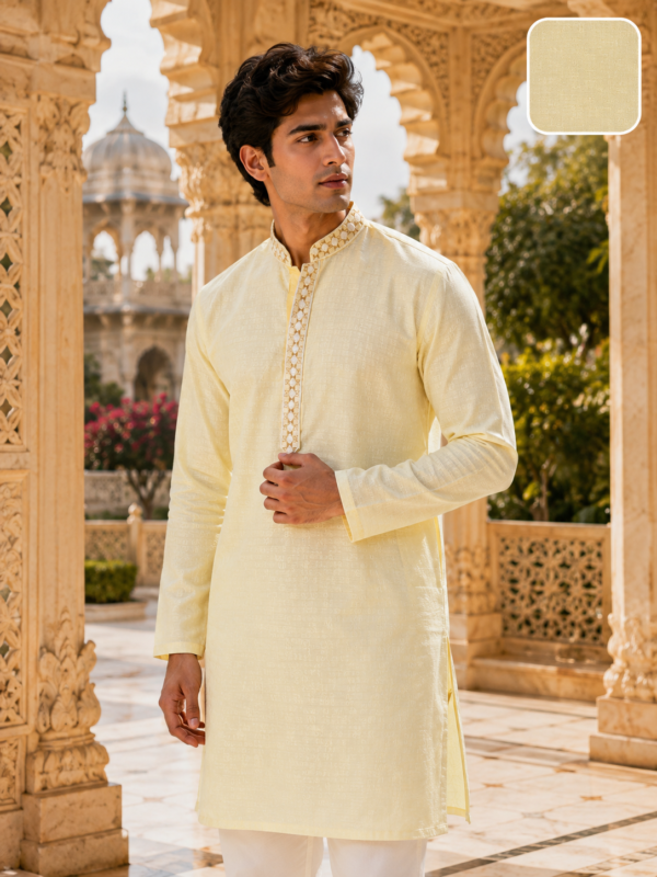 Sun-Kissed Pastel Yellow Embroidered Cotton Kurta for Men - Image 5