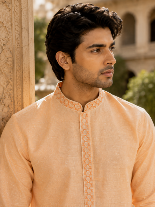 Elegant Peach Embroidered Kurta Set for Men - Image 4