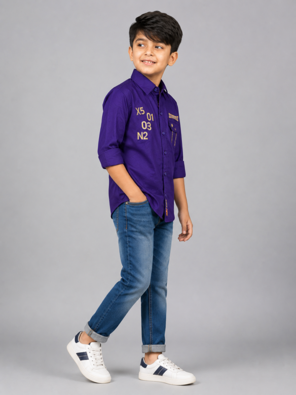 Boys Royal Purple Graphic Casual Button-Down Shirt - Image 3
