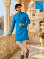 Royal Blue Intricate Self-Jacquard Ethnic Kurta - Image 3