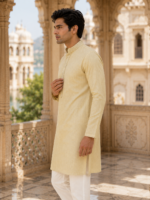 Imperial Beige Embroidered Cotton Silk Kurta for Men - Image 2