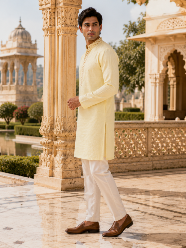 Sun-Kissed Pastel Yellow Embroidered Cotton Kurta for Men - Image 2