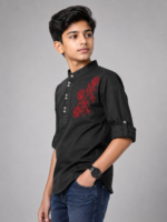 Boys' Black Mandarin Collar Kurta with Red Floral Embroidery - Image 2