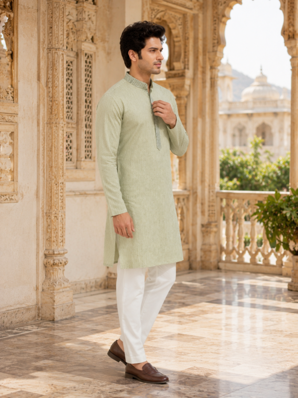 Sage Green Embroidered Ethnic Kurta for Men - Image 3