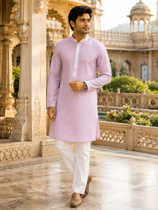 Lilac Textured Cotton Blend Mandarin Collar Kurta - Image 5