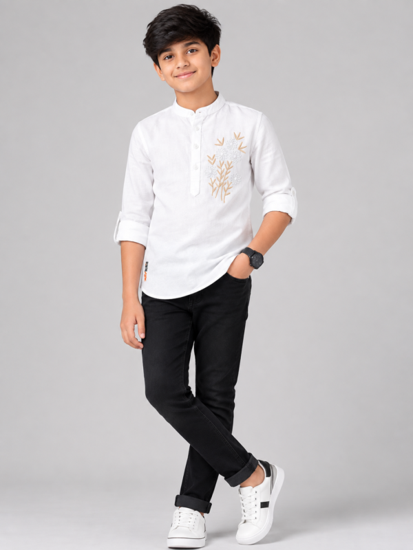 Boys Premium White Mandarin Collar Embroidered Kurta Shirt - Image 3