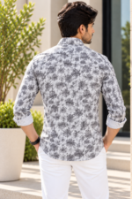 Modern Gray Tropical Print Slim-Fit Men's Button-Down Shirt - Image 4