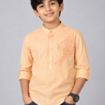 Boys Peach Floral Embroidered Mandarin Collar Kurta