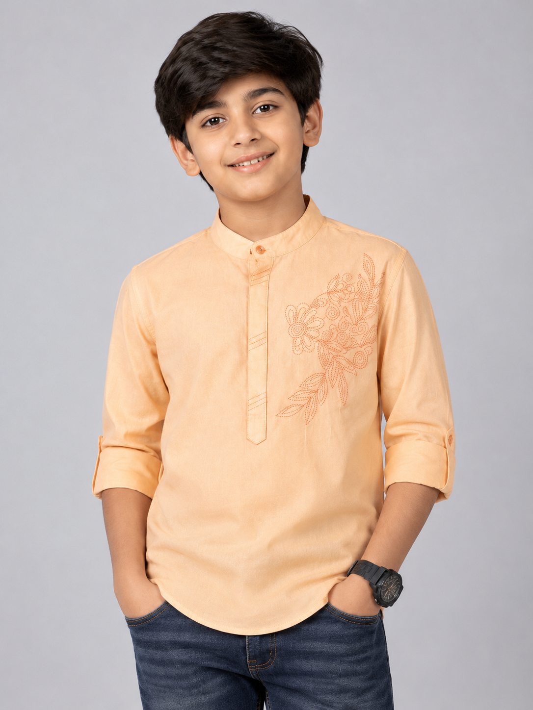 09b1d451-cd55-4512-94d2-e5f52fabb191 Boys Peach Floral Embroidered Mandarin Collar Kurta - Image 1