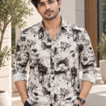 Men's Black and White Floral Print Casual Button-Down Shirt