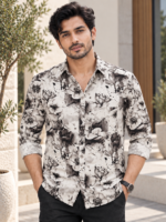 Men's Black and White Floral Print Casual Button-Down Shirt