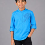 Boys' Radiant Blue Floral Embroidered Mandarin Collar Kurta