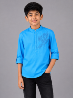 Boys' Radiant Blue Floral Embroidered Mandarin Collar Kurta