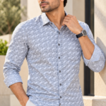 Modern Geometric Print Button-Down Shirt in Light Blue