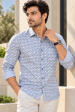 Modern Geometric Print Button-Down Shirt in Light Blue