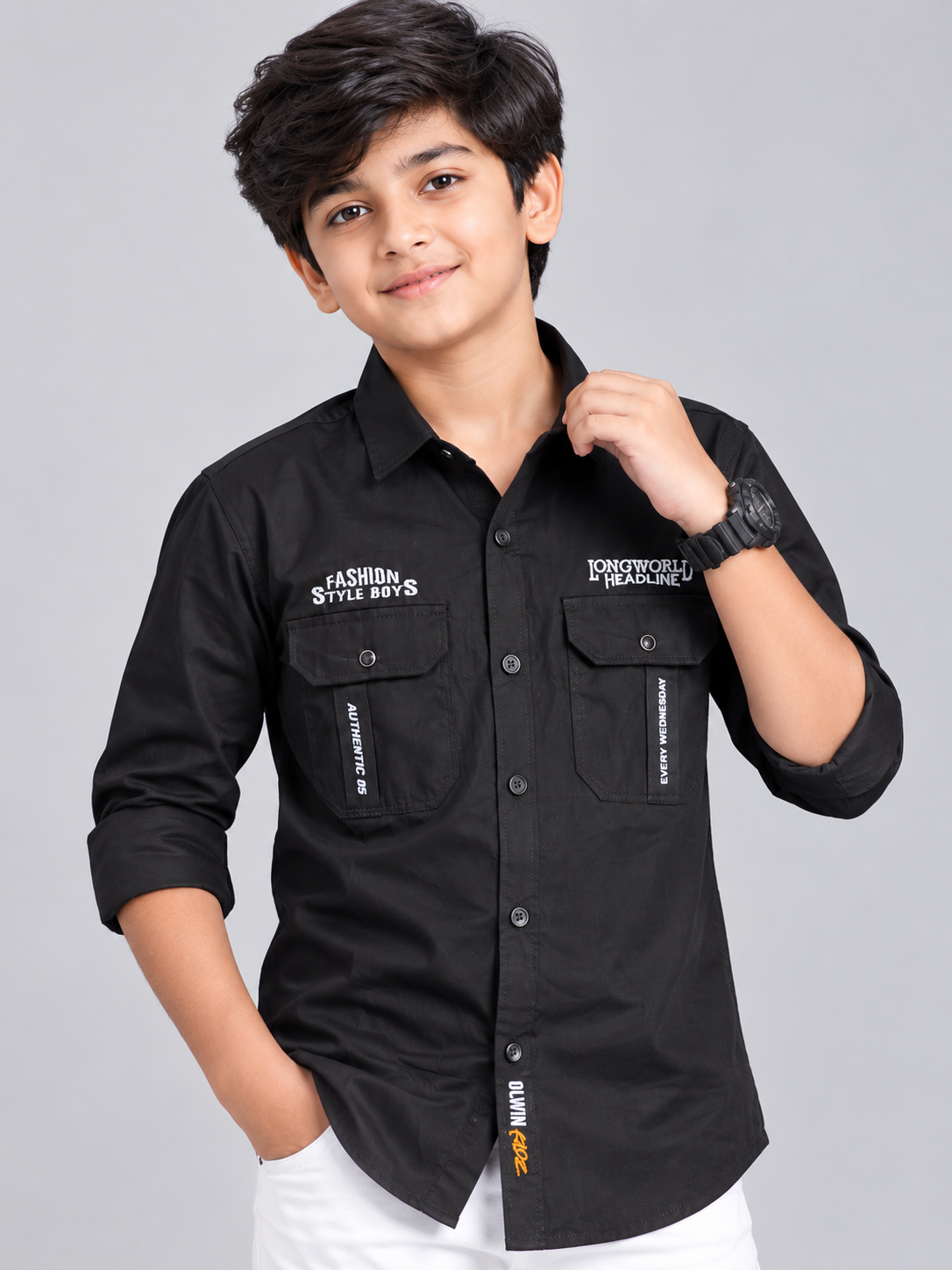 0f96e62d-fd1a-45ac-af70-e904fbb44f4e Boys' Black Utility-Style Casual Button-Down Shirt - Image 1