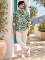 Sage Green Botanical Block-Print Men's Long Sleeve Shirt - Image 3