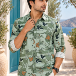 Sage Green Botanical Block-Print Men's Long Sleeve Shirt