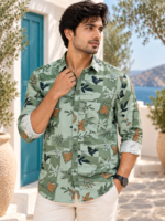 Sage Green Botanical Block-Print Men's Long Sleeve Shirt