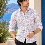Men's White Leaf Print Slim Fit Casual Shirt
