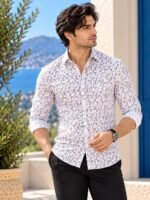 Men's White Leaf Print Slim Fit Casual Shirt