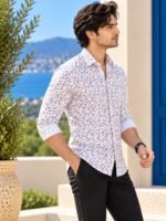 Men's White Leaf Print Slim Fit Casual Shirt - Image 3
