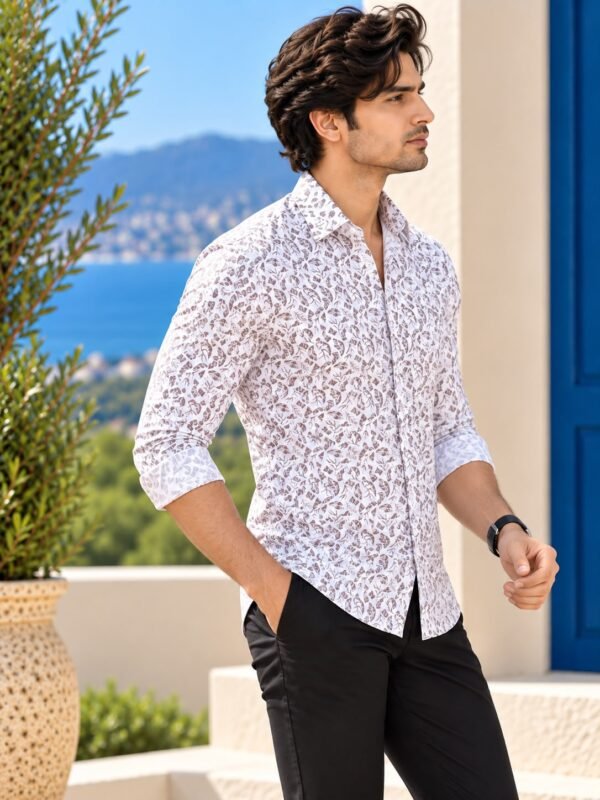 Men's White Leaf Print Slim Fit Casual Shirt - Image 3