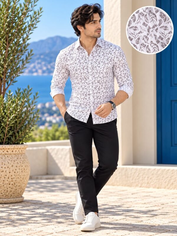 Men's White Leaf Print Slim Fit Casual Shirt - Image 2