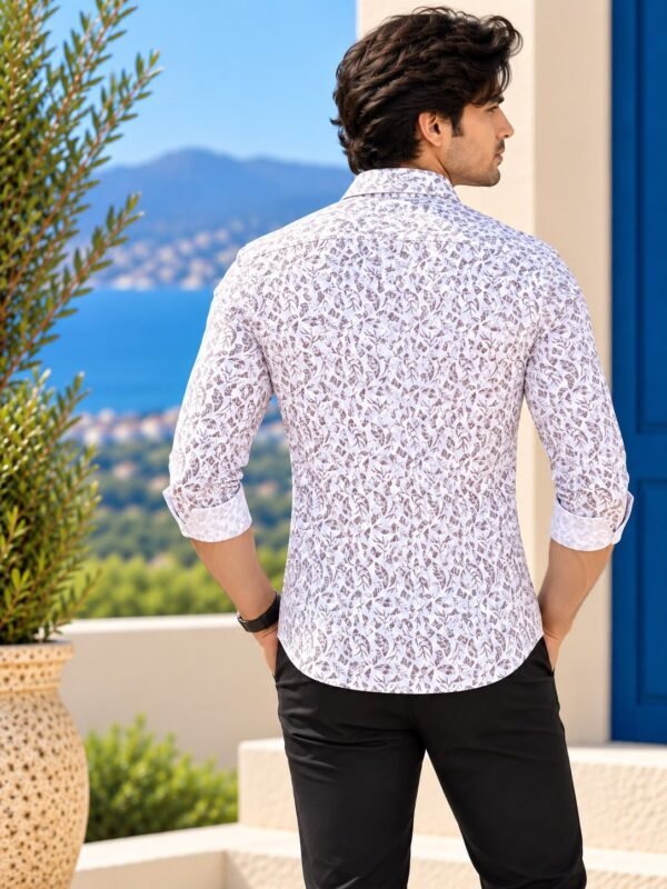 Men's White Leaf Print Slim Fit Casual Shirt - Image 4