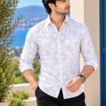 Modern Geometric Print Men's White Dress Shirt