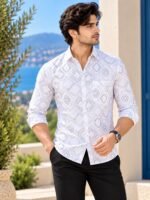Modern Geometric Print Men's White Dress Shirt