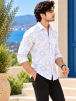 Modern Geometric Print Men's White Dress Shirt - Image 3