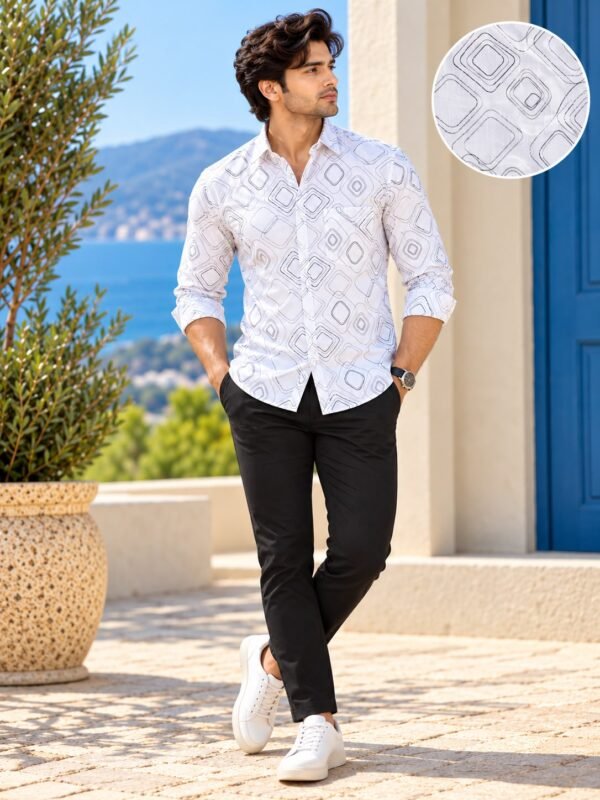 Modern Geometric Print Men's White Dress Shirt - Image 2