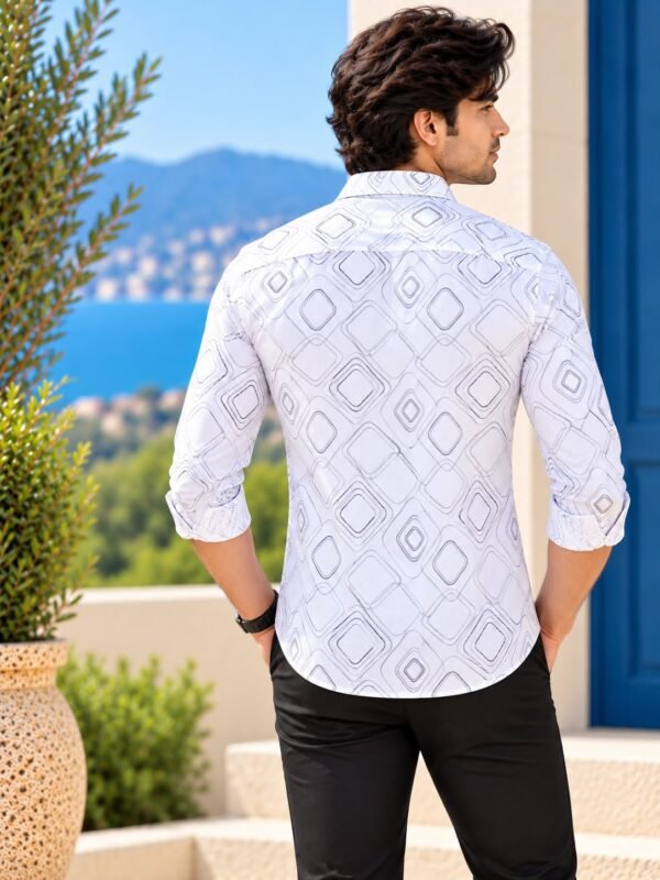 Modern Geometric Print Men's White Dress Shirt - Image 4
