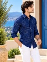 Modern Navy Geometric Print Long-Sleeve Shirt for Men - Image 2