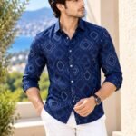 Modern Navy Geometric Print Long-Sleeve Shirt for Men