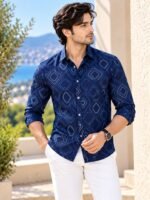 Modern Navy Geometric Print Long-Sleeve Shirt for Men