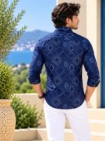 Modern Navy Geometric Print Long-Sleeve Shirt for Men - Image 4