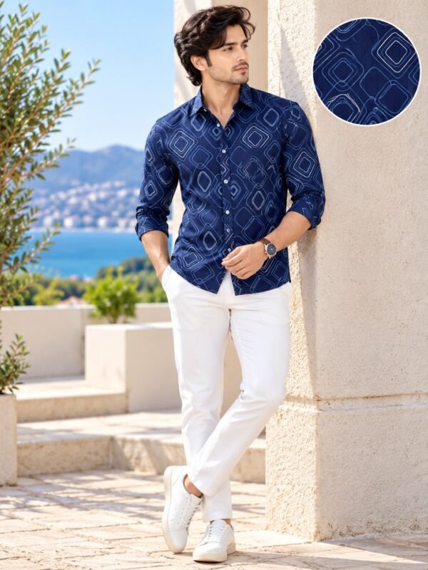 Modern Navy Geometric Print Long-Sleeve Shirt for Men - Image 3