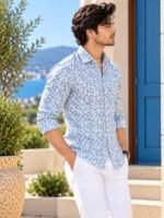 Mediterranean Breeze Blue Floral Print Long Sleeve Shirt - Image 3