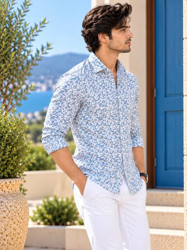 Mediterranean Breeze Blue Floral Print Long Sleeve Shirt - Image 3