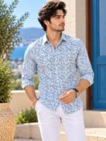 Mediterranean Breeze Blue Floral Print Long Sleeve Shirt