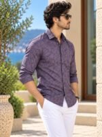 Men's Plum Floral Print Slim Fit Long-Sleeve Button-Down Shirt - Image 3
