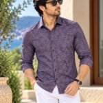 Men's Plum Floral Print Slim Fit Long-Sleeve Button-Down Shirt