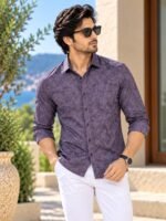 Men's Plum Floral Print Slim Fit Long-Sleeve Button-Down Shirt