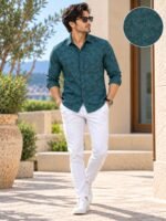 Mediterranean Teal Floral Print Casual Button-Down Shirt - Image 3