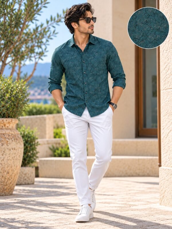 Mediterranean Teal Floral Print Casual Button-Down Shirt - Image 3