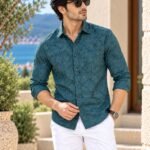 Mediterranean Teal Floral Print Casual Button-Down Shirt